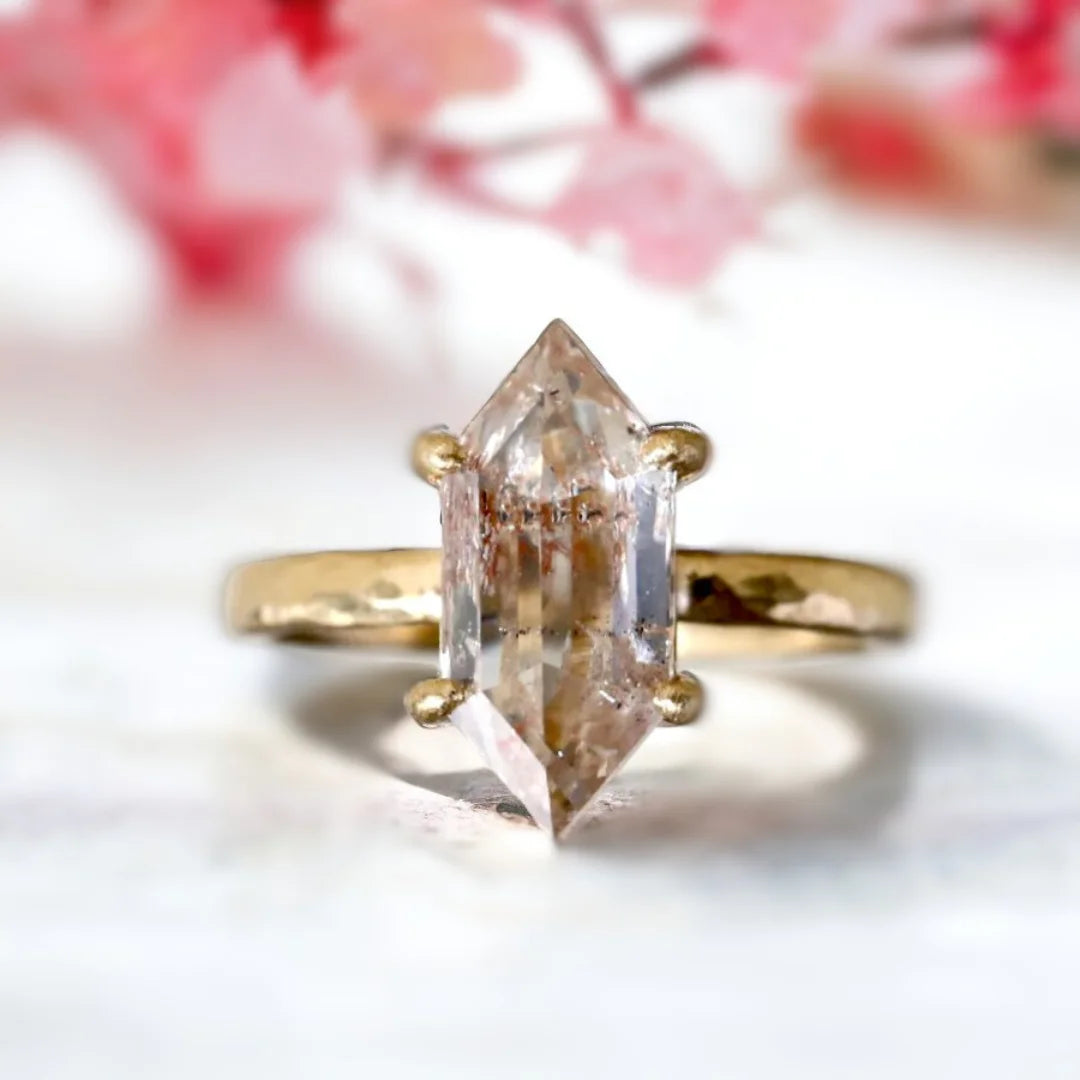 Long Hexagon Salt and Pepper Diamond Ring 3.29 Ct Yellow Gold featuring a long hexagon-cut salt-and-pepper diamond set in yellow gold with a straight shank band and bold geometric statement design.