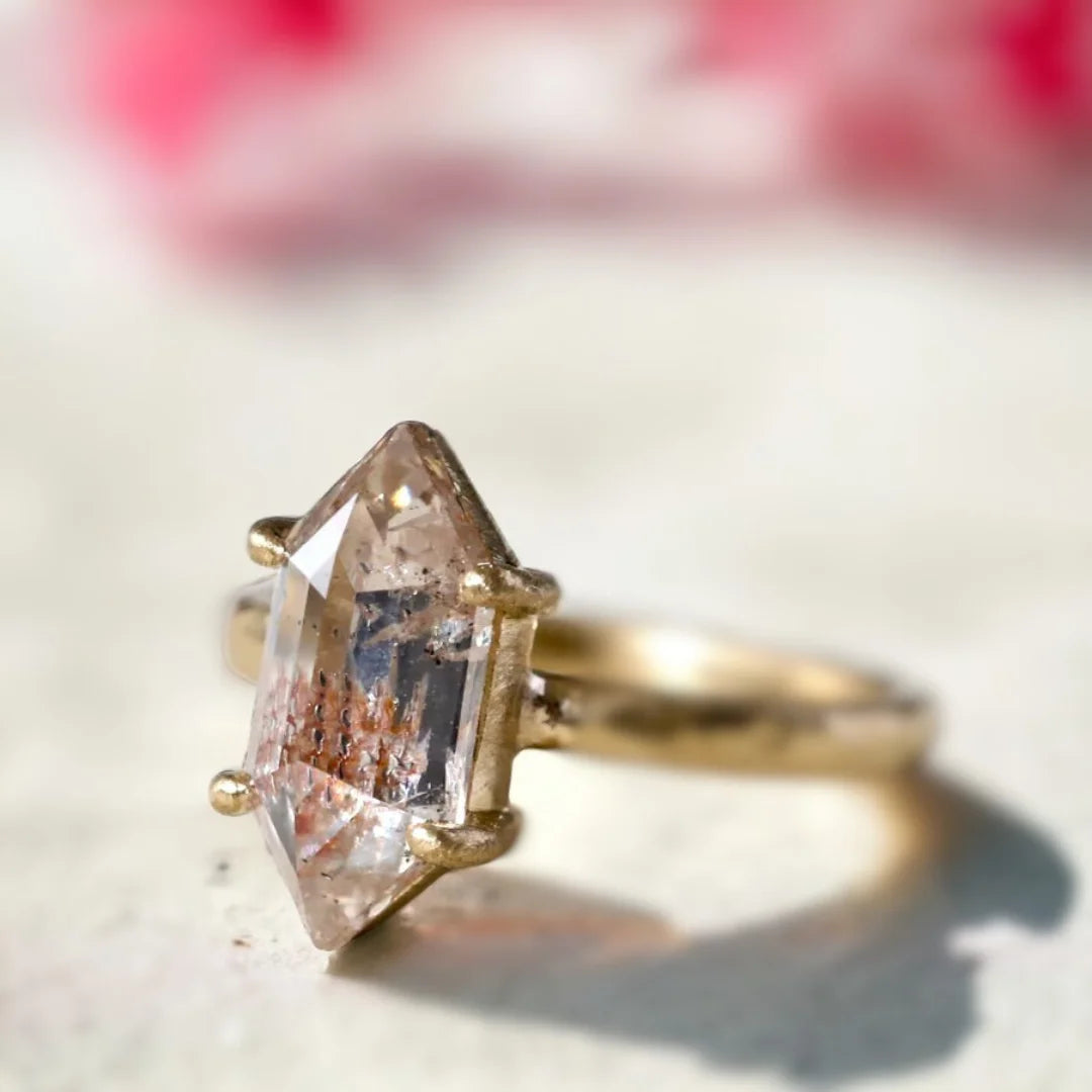 Long Hexagon Salt and Pepper Diamond Ring 3.29 Ct Yellow Gold featuring a long hexagon-cut salt-and-pepper diamond set in yellow gold with a straight shank band and bold geometric statement design.