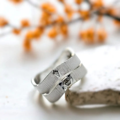 Luxury Salt and Pepper Diamond Wedding Rings with Hexagon and Kite Diamonds featuring natural hexagon and kite-cut salt and pepper diamonds in a geometric dual-stone wedding band design with a straight shank and modern handcrafted styling.
