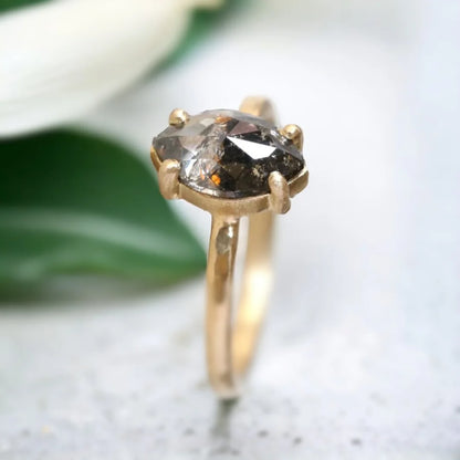 Marquise Salt and Pepper Diamond Ring with Elegant Sparkle featuring a rose marquise cut natural salt and pepper diamond in a handcrafted ring design with a straight shank band and organic layered artisan detailing.