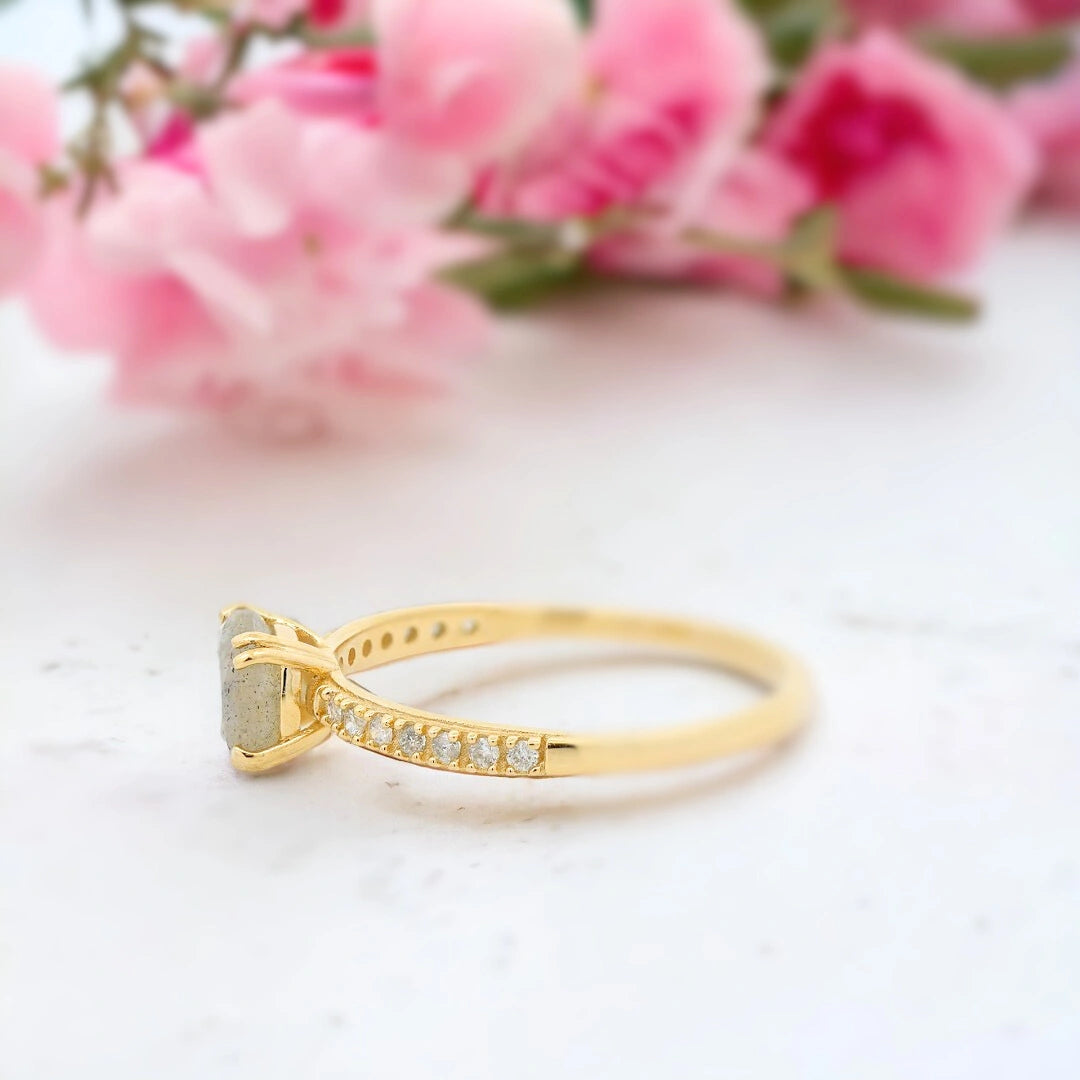 Salt and Pepper Diamond Ring Milky Way in Yellow Gold featuring a round-cut salt-and-pepper diamond with a milky grey tone and cosmic-inspired inclusions set in a yellow gold band with pavé diamond detailing in a handcrafted modern engagement ring design