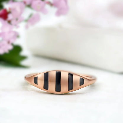 Minimalist Gold Pinky Ring Black Enamel Slim 1.70mm Band showing a solid gold minimalist pinky ring with black enamel detailing, straight shank design, and a sleek modern slim band structure.