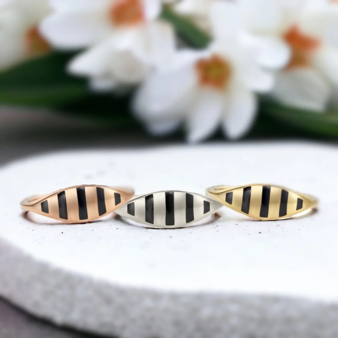 Minimalist Gold Pinky Ring Black Enamel Slim 1.70mm Band showing a solid gold minimalist pinky ring with black enamel detailing, straight shank design, and a sleek modern slim band structure.