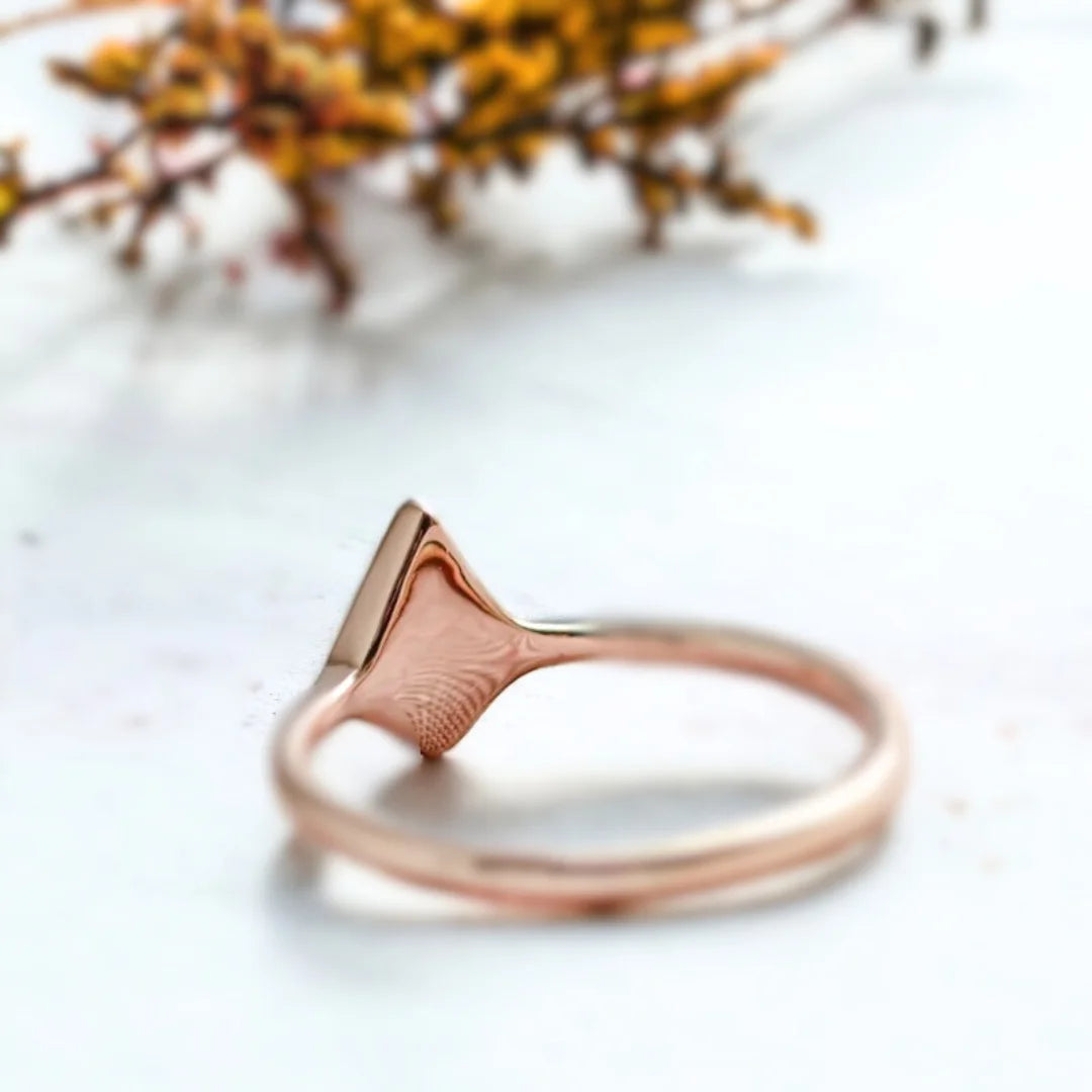 Minimalist Salt and Pepper Diamond Promise Ring featuring a kite-cut salt-and-pepper diamond set in a clean, minimalist band design with a slim straight shank and subtle modern handcrafted finish.