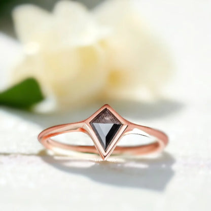 Minimalist Salt and Pepper Diamond Promise Ring featuring a kite-cut salt-and-pepper diamond set in a clean, minimalist band design with a slim straight shank and subtle modern handcrafted finish.