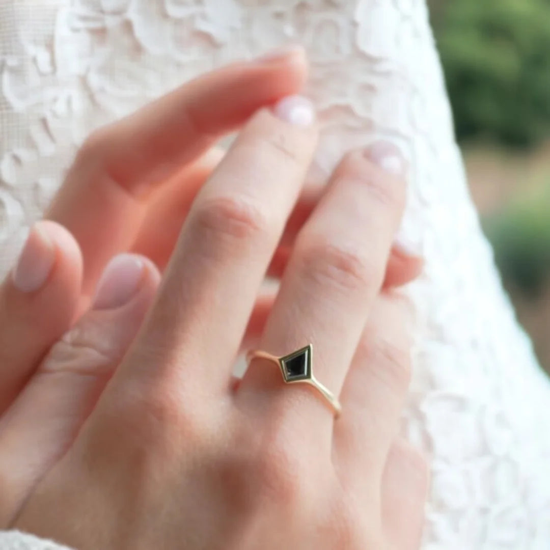 Minimalist Salt and Pepper Diamond Promise Ring featuring a kite-cut salt-and-pepper diamond set in a clean, minimalist band design with a slim straight shank and subtle modern handcrafted finish.