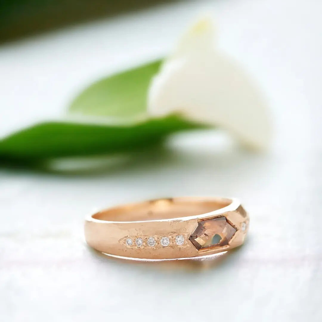Natural Brown Salt-and-Pepper Diamond Ring, Hexagon Pavé Design, featuring a 0.48 CT hexagon-cut brown salt-and-pepper diamond with pavé side diamonds on a handcrafted fine jewelry band.