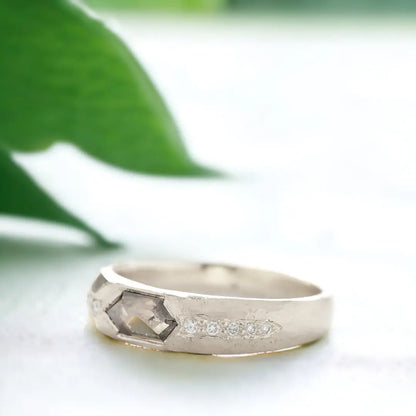 Natural Brown Salt-and-Pepper Diamond Ring, Hexagon Pavé Design, featuring a 0.48 CT hexagon-cut brown salt-and-pepper diamond with pavé side diamonds on a handcrafted fine jewelry band.
