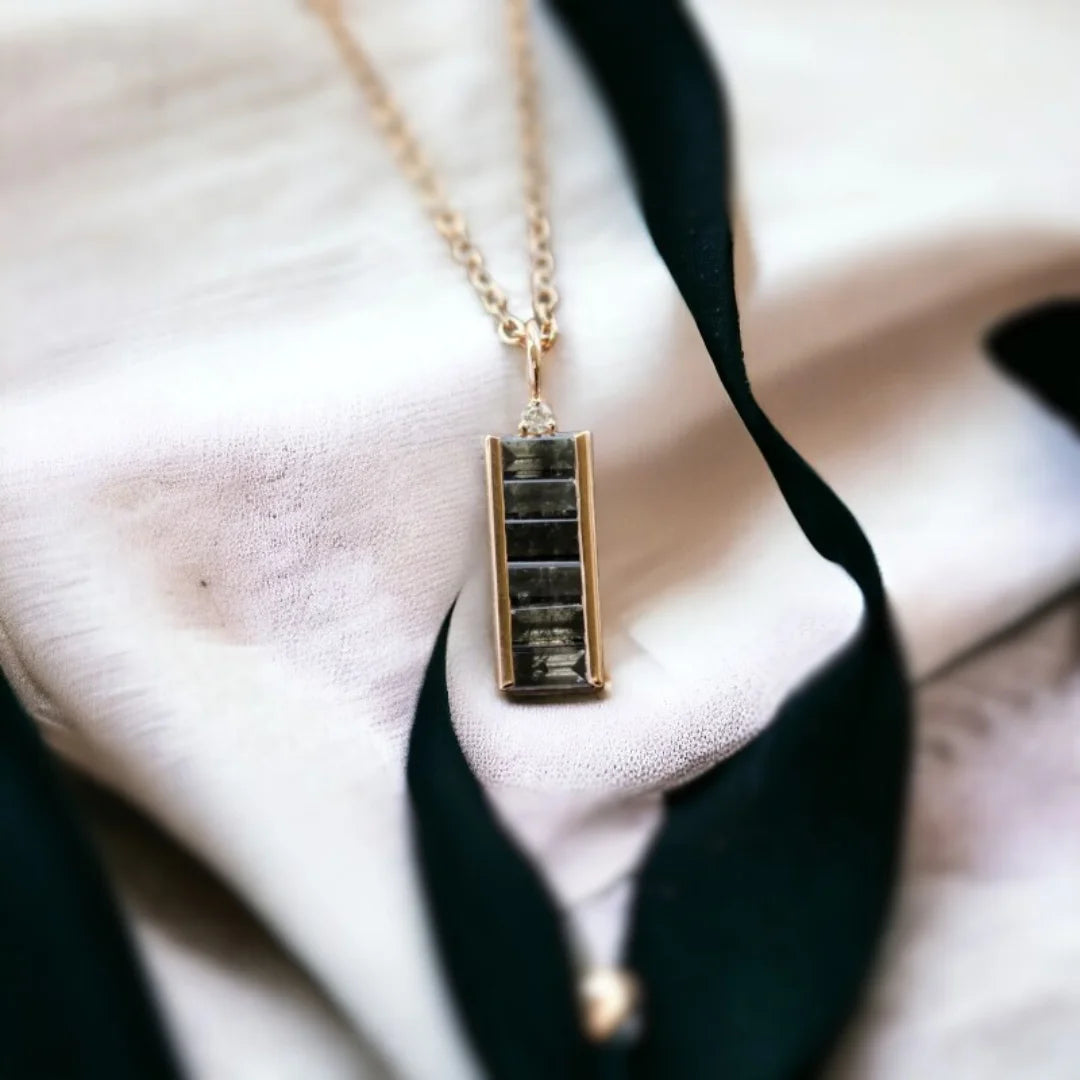 Natural Salt And Pepper Diamond Necklace Baguette Cut Pendant featuring a natural salt and pepper diamond in a baguette cut shape, showcased as a minimalist pendant necklace with organic diamond inclusions, clean geometric lines, and modern fine jewelry styling.