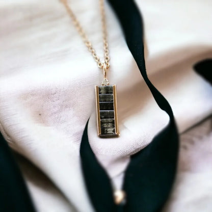 Natural Salt And Pepper Diamond Necklace Baguette Cut Pendant featuring a natural salt and pepper diamond in a baguette cut shape, showcased as a minimalist pendant necklace with organic diamond inclusions, clean geometric lines, and modern fine jewelry styling.