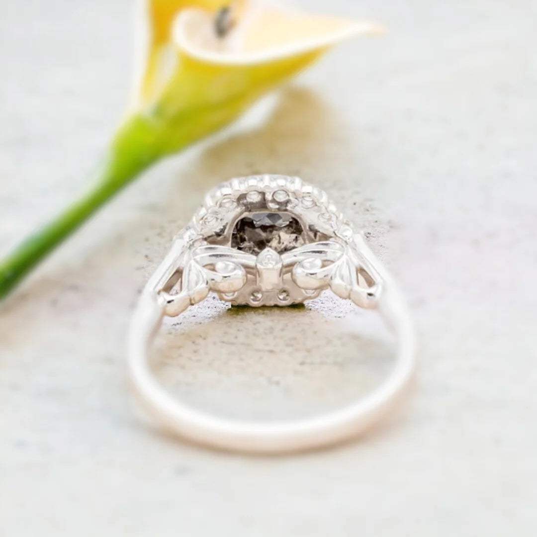 Natural Salt and Pepper Diamond Ring Cushion Cut 2 Ct Elegant featuring a cushion-cut salt-and-pepper diamond as the center stone with round diamond side accents, set in a straight shank engagement ring design with a modern, elegant handcrafted finish and subtle sparkling contrast along the band.