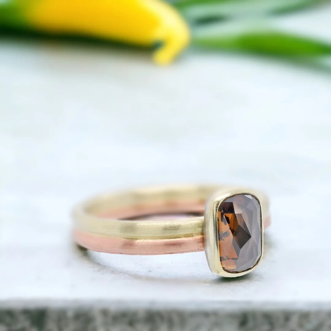 Natural Salt and Pepper Diamond Ring with Elongated Cushion Cut featuring a natural salt and pepper diamond center stone with an elongated cushion shape, organic handcrafted design, straight shank band, and distinctive natural diamond inclusions.