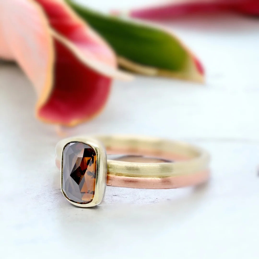 Natural Salt and Pepper Diamond Ring with Elongated Cushion Cut featuring a natural salt and pepper diamond center stone with an elongated cushion shape, organic handcrafted design, straight shank band, and distinctive natural diamond inclusions.
