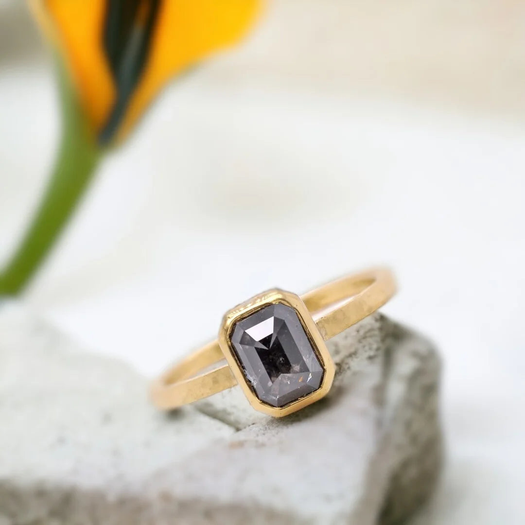 Natural Salt and Pepper Diamond Ring, Emerald Cut Design featuring a 1.15 CT emerald-cut salt-and-pepper diamond in a modern geometric ring style with an organic textured band and straight shank design.