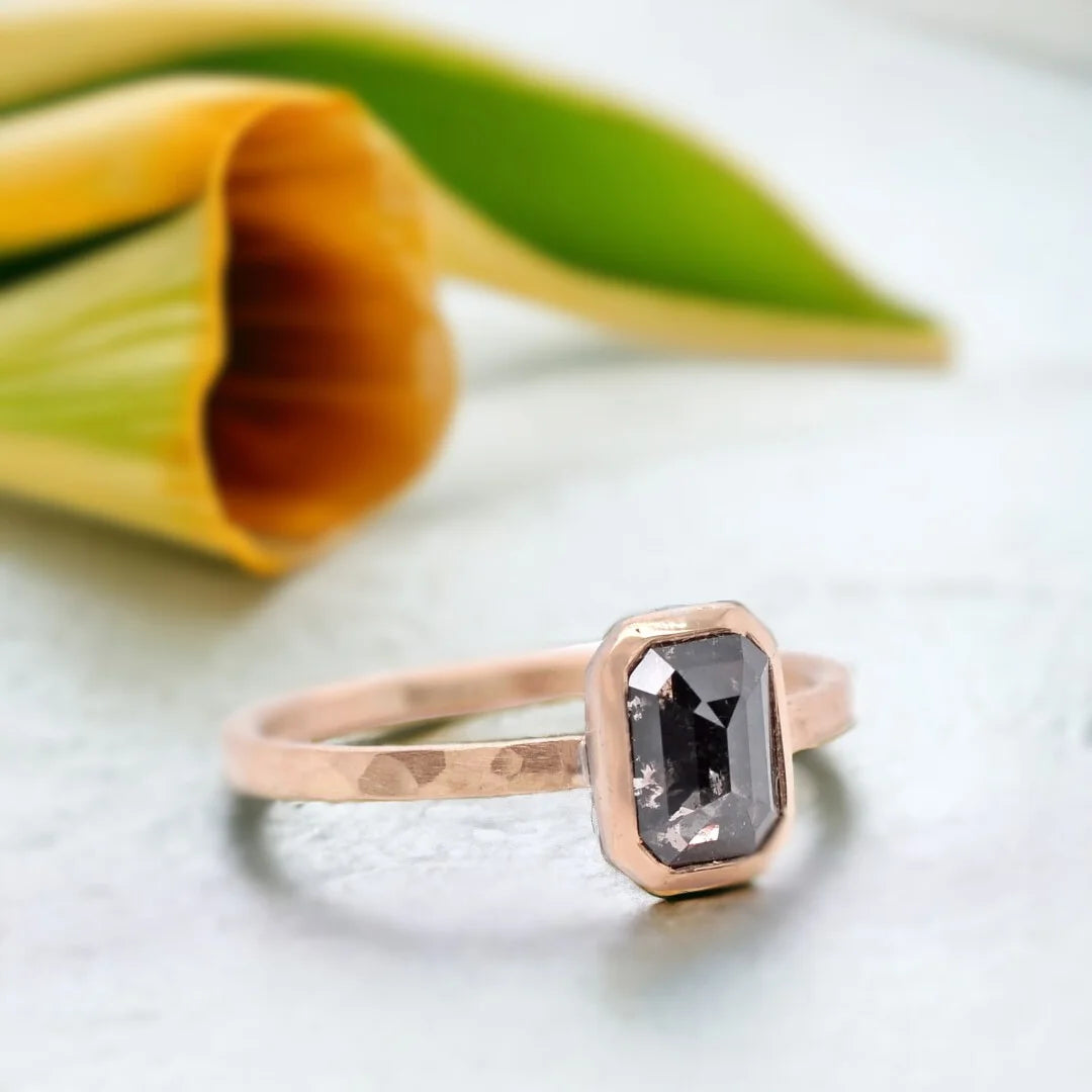 Natural Salt and Pepper Diamond Ring, Emerald Cut Design featuring a 1.15 CT emerald-cut salt-and-pepper diamond in a modern geometric ring style with an organic textured band and straight shank design.