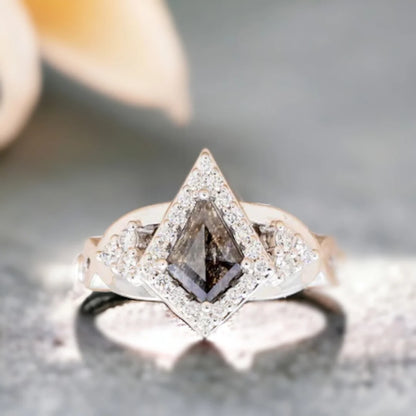 Natural Salt and Pepper Diamond Ring Kite Diamond Handmade Ring Design showcasing a kite-cut salt-and-pepper diamond at the center, accented by round side diamonds with fine pavé-style detailing, set in a modern geometric handcrafted engagement ring with a sculptural diamond accent design and a refined freedom shank band.