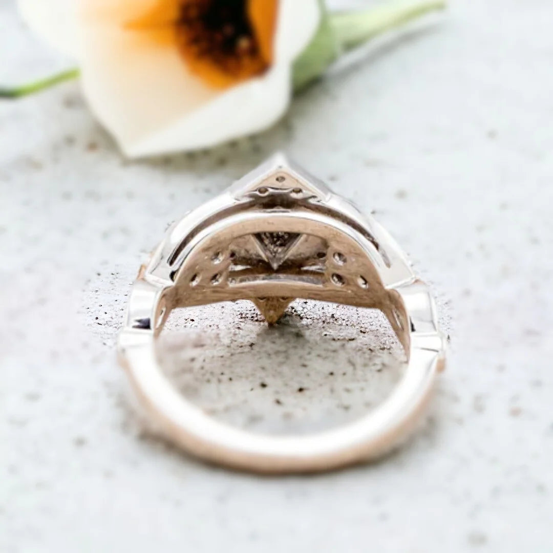 Natural Salt and Pepper Diamond Ring Kite Diamond Handmade Ring Design showcasing a kite-cut salt-and-pepper diamond at the center, accented by round side diamonds with fine pavé-style detailing, set in a modern geometric handcrafted engagement ring with a sculptural diamond accent design and a refined freedom shank band.