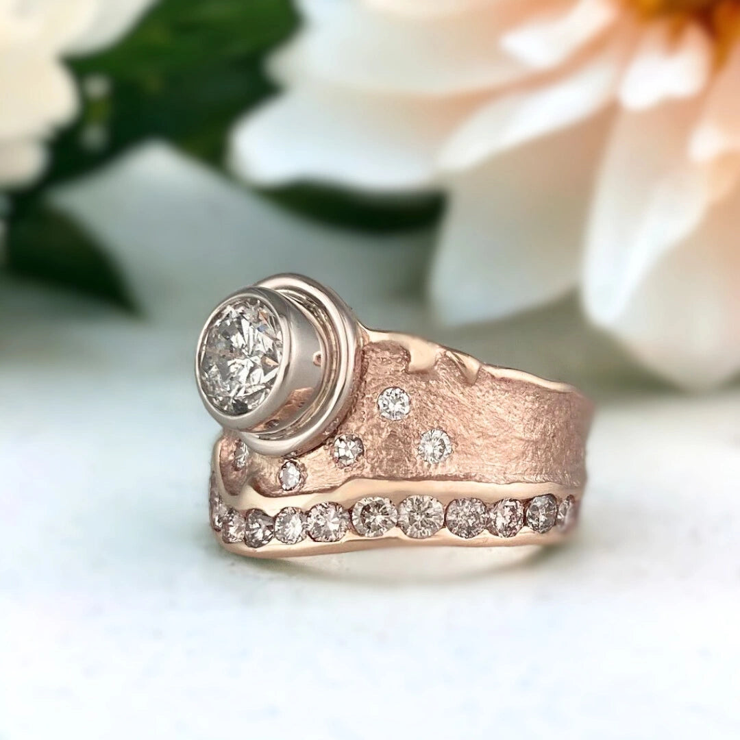 Natural Salt and Pepper Diamond Ring, Nature-Inspired Swirl Design featuring a 1.03 CT round salt and pepper diamond centre stone with galaxy-like inclusions, wide sculptural 11.00mm handcrafted band, round side stones, and a modern organic swirl style setting.