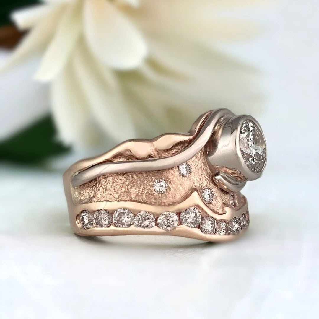 Natural Salt and Pepper Diamond Ring, Nature-Inspired Swirl Design featuring a 1.03 CT round salt and pepper diamond centre stone with galaxy-like inclusions, wide sculptural 11.00mm handcrafted band, round side stones, and a modern organic swirl style setting.