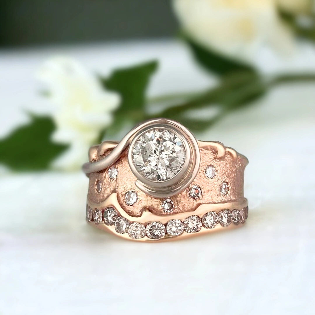 Natural Salt and Pepper Diamond Ring, Nature-Inspired Swirl Design featuring a 1.03 CT round salt and pepper diamond centre stone with galaxy-like inclusions, wide sculptural 11.00mm handcrafted band, round side stones, and a modern organic swirl style setting.
