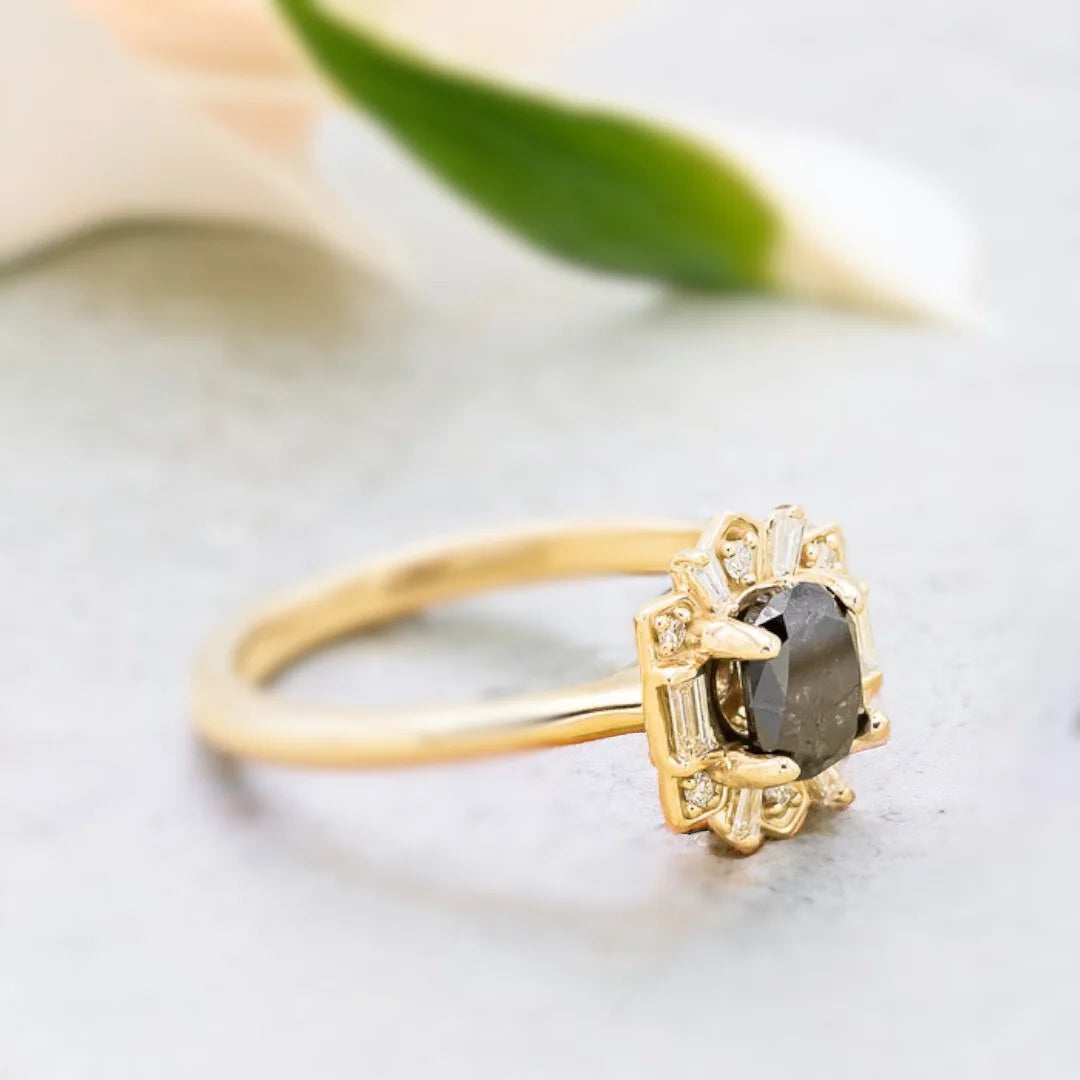 Natural Salt and Pepper Diamond Ring with Oval Cut and Tracers featuring a 0.75 CT oval-cut salt-and-pepper diamond center stone with multi-shape diamond tracer accents, straight shank design, layered diamond brilliance, and modern, elegant engagement ring styling.
