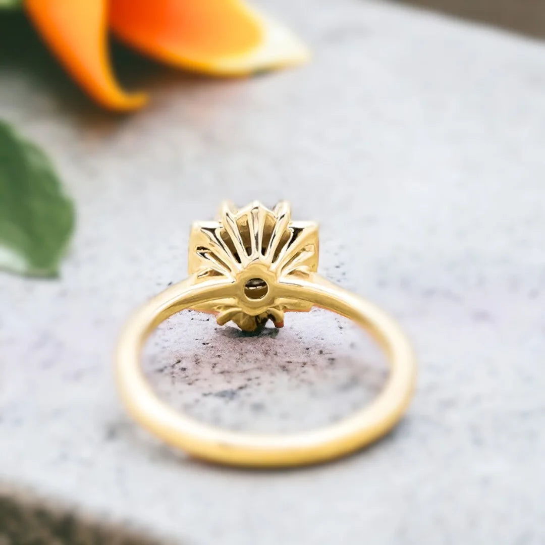 Natural Salt and Pepper Diamond Ring with Oval Cut and Tracers featuring a 0.75 CT oval-cut salt-and-pepper diamond center stone with multi-shape diamond tracer accents, straight shank design, layered diamond brilliance, and modern, elegant engagement ring styling.