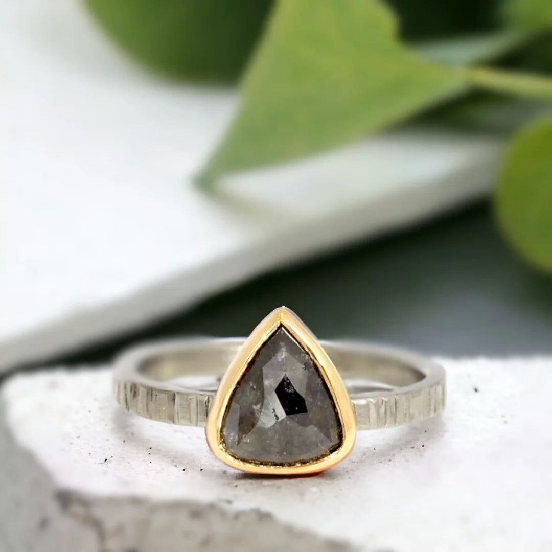 Natural Salt and Pepper Diamond Ring Pear Cut in Artisan Style featuring a vintage rose pear-cut diamond in a handcrafted artisan ring design with a straight shank band and organic detailing.