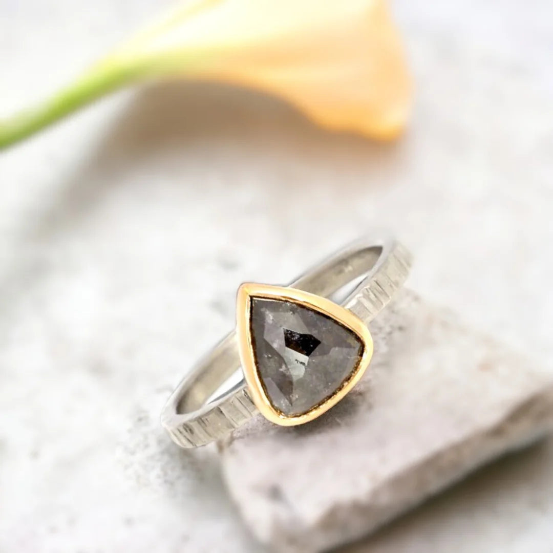 Natural Salt and Pepper Diamond Ring Pear Cut in Artisan Style featuring a vintage rose pear-cut diamond in a handcrafted artisan ring design with a straight shank band and organic detailing.