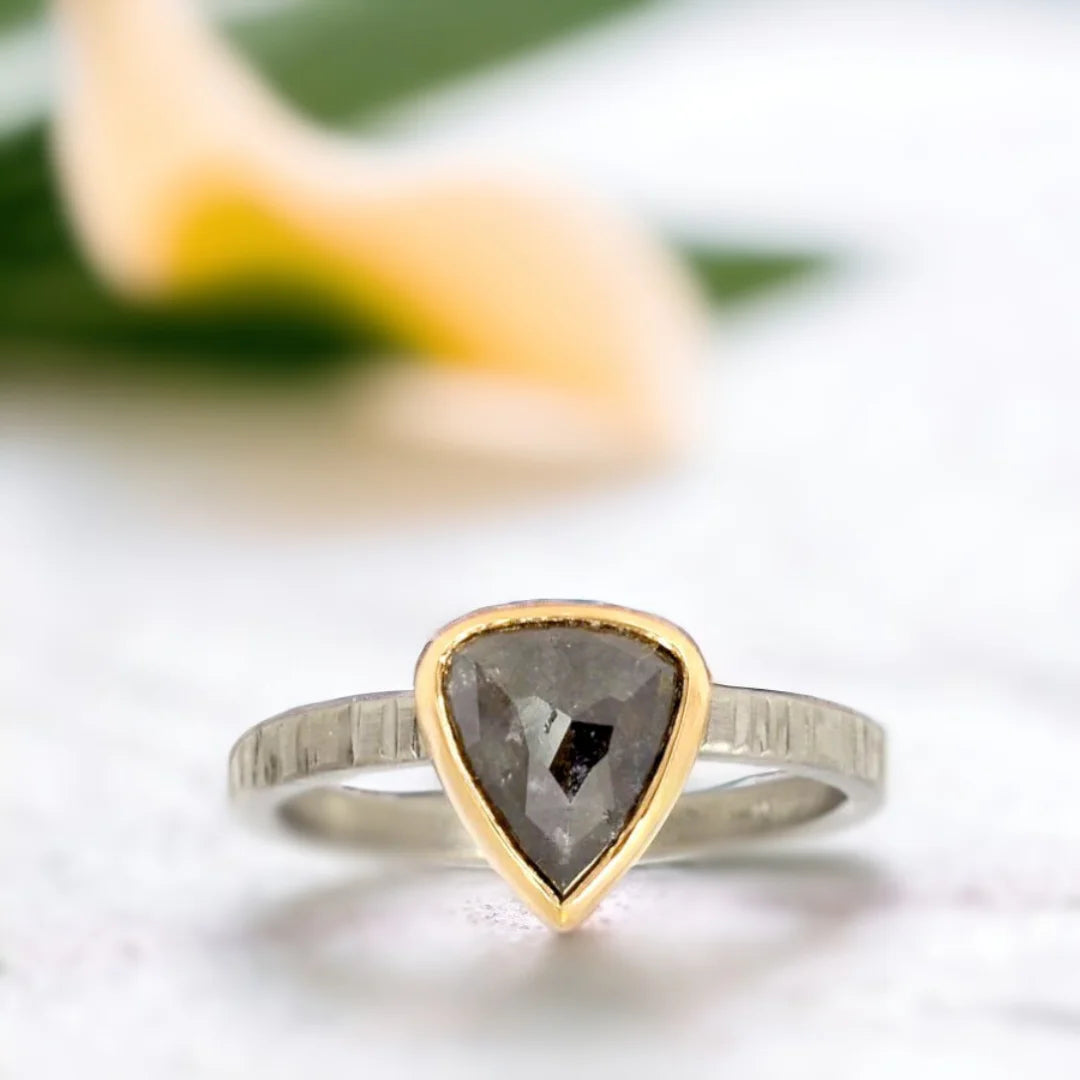 Natural Salt and Pepper Diamond Ring Pear Cut in Artisan Style featuring a vintage rose pear-cut diamond in a handcrafted artisan ring design with a straight shank band and organic detailing.
