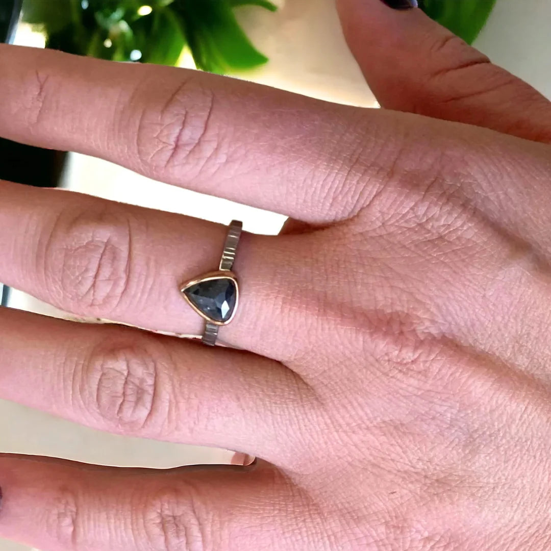 Natural Salt and Pepper Diamond Ring Pear Cut in Artisan Style featuring a vintage rose pear-cut diamond in a handcrafted artisan ring design with a straight shank band and organic detailing.