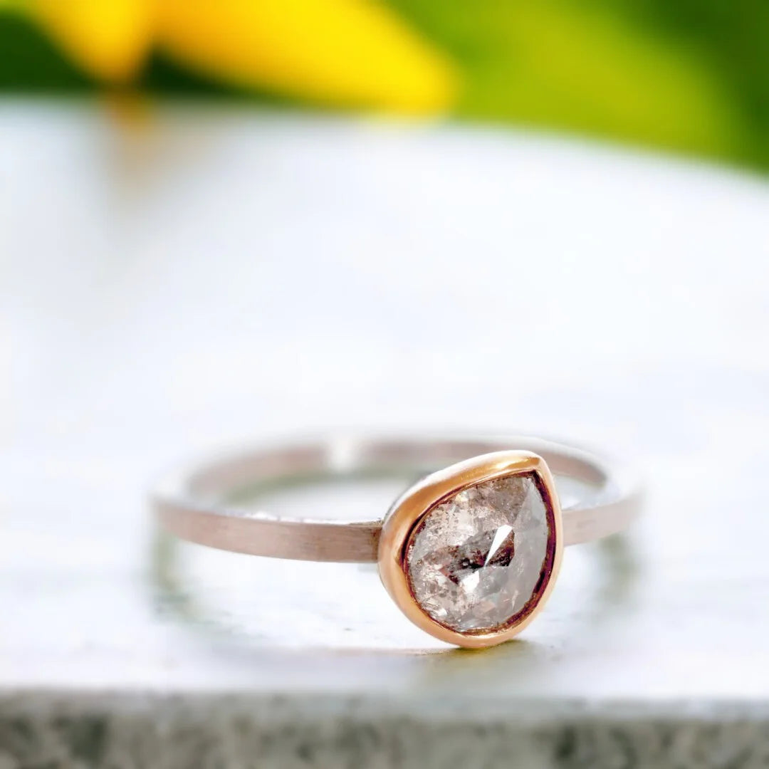 Natural Salt and Pepper Diamond Ring Pear Diamond Organic Design featuring a pear-shaped salt-and-pepper diamond in an organic artisan-inspired ring style with layered detailing, straight shank band, and handcrafted fine jewelry design.