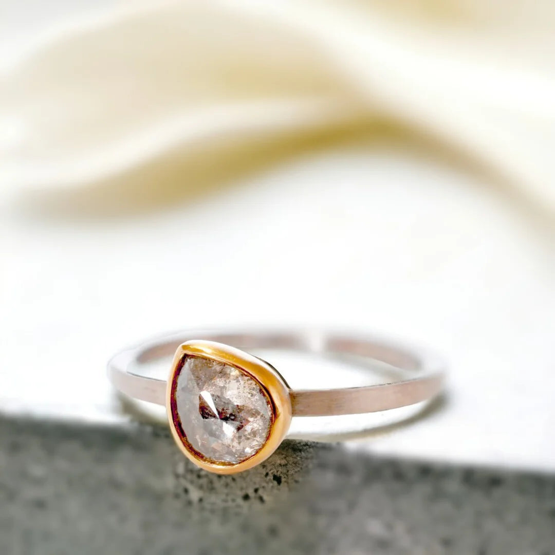 Natural Salt and Pepper Diamond Ring Pear Diamond Organic Design featuring a pear-shaped salt-and-pepper diamond in an organic artisan-inspired ring style with layered detailing, straight shank band, and handcrafted fine jewelry design.