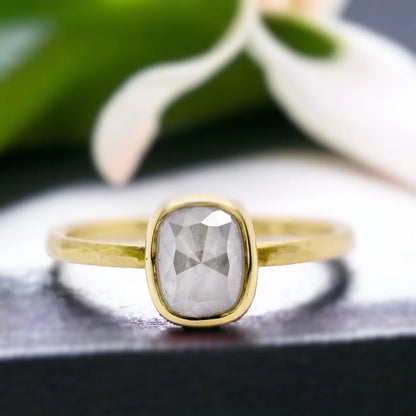 Natural Salt and Pepper Diamond Ring with Rose Cushion Cut Design featuring a cushion-cut salt-and-pepper diamond set in a straight band ring with a minimal handcrafted fine jewellery style and a soft, elegant silhouette.