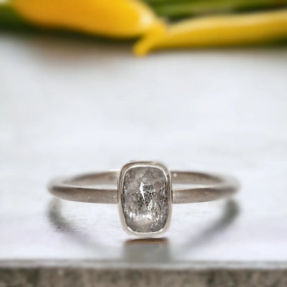 Natural Salt and Pepper Diamond Ring, Ice White Diamond Ring In Gray Gold, featuring a 1.05 CT rose cushion-cut natural salt and pepper diamond in a handcrafted artisan ring design with a straight shank band.