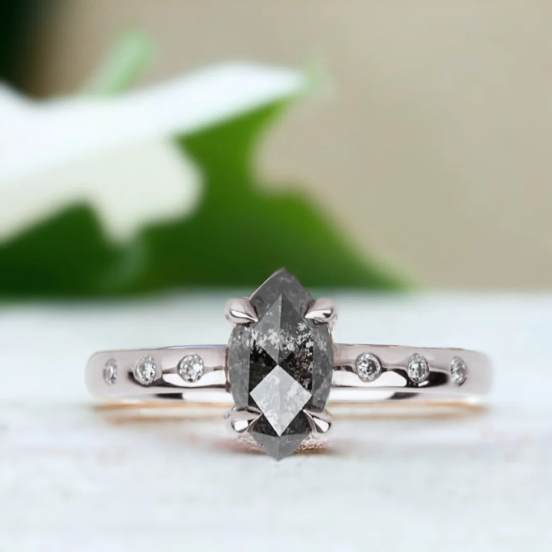 Natural Salt and Pepper Diamond Ring with Marquise Cut Design featuring a rose marquise-cut salt-and-pepper diamond center stone with round side diamonds in a handcrafted engagement ring style.