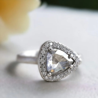 Natural Salt and Pepper Diamond Ring Triangle Cut Halo Design featuring a rose pear-cut salt and pepper diamond surrounded by a round diamond halo in a nature-inspired halo ring design with a straight shank and artisan handcrafted styling.