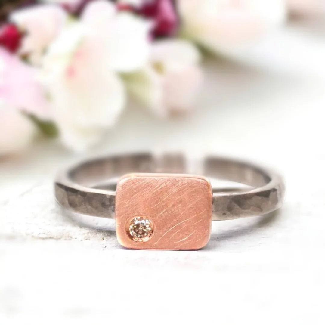 Natural Salt and Pepper Diamond Ring Rose Gold Solitaire Ring featuring a round-cut salt-and-pepper diamond in a solitaire setting with a rose gold straight shank band and minimalist handcrafted design.