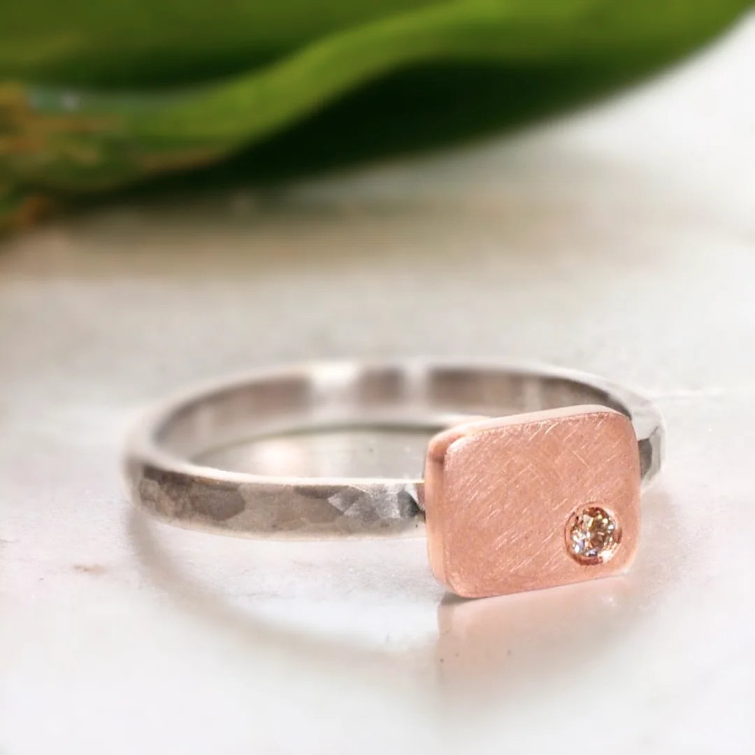 Natural Salt and Pepper Diamond Ring Rose Gold Solitaire Ring featuring a round-cut salt-and-pepper diamond in a solitaire setting with a rose gold straight shank band and minimalist handcrafted design.