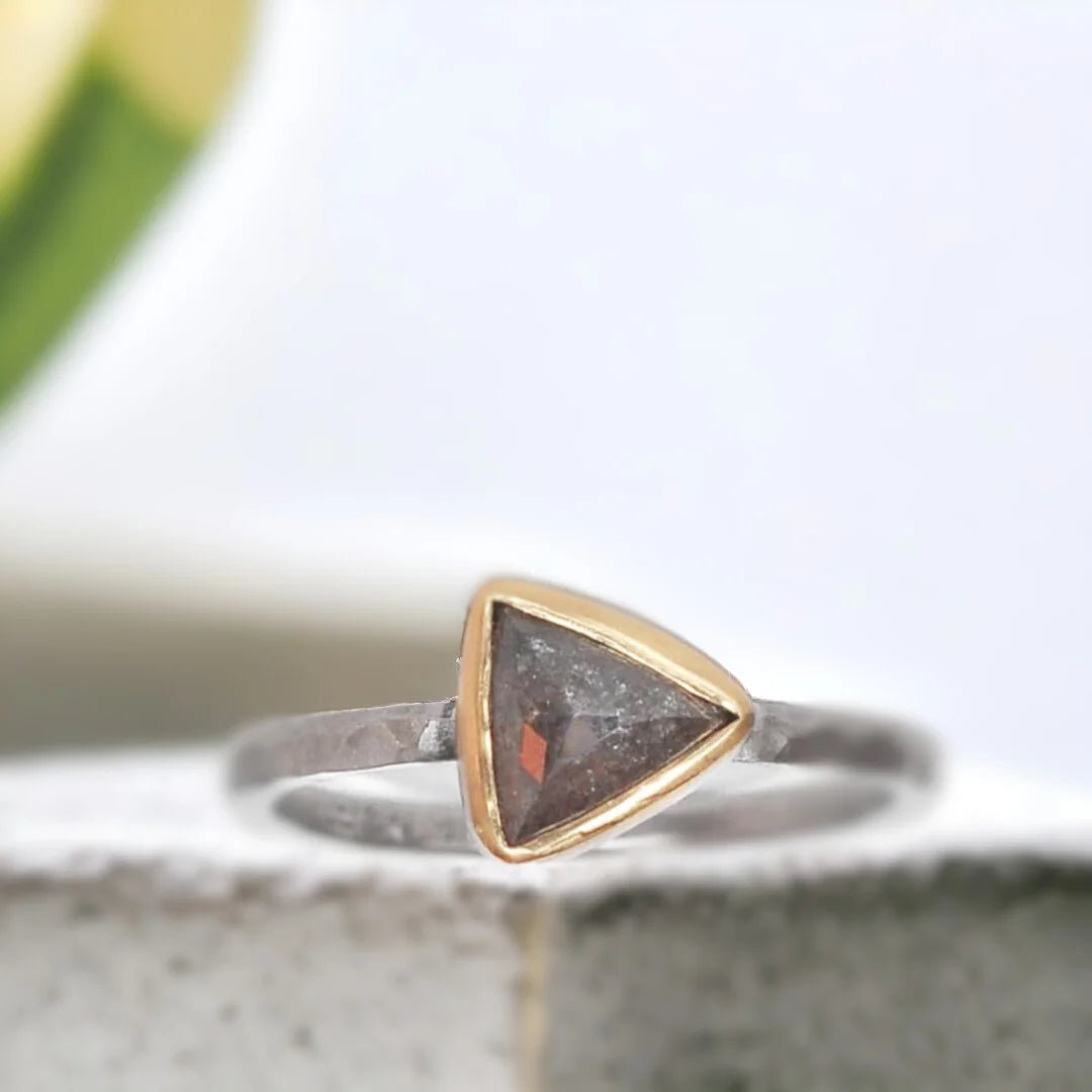 Natural Salt and Pepper Diamond Ring Triangle Cut In Palladium featuring a vintage triangle-cut salt-and-pepper diamond in a rustic engagement ring design with a palladium straight shank band and organic handmade detailing.