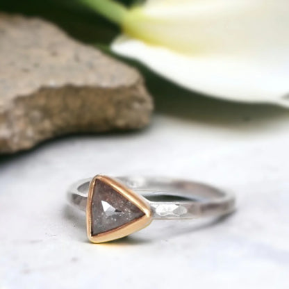 Natural Salt and Pepper Diamond Ring Triangle Cut In Palladium featuring a vintage triangle-cut salt-and-pepper diamond in a rustic engagement ring design with a palladium straight shank band and organic handmade detailing.