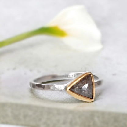 Natural Salt and Pepper Diamond Ring Triangle Cut In Palladium featuring a vintage triangle-cut salt-and-pepper diamond in a rustic engagement ring design with a palladium straight shank band and organic handmade detailing.