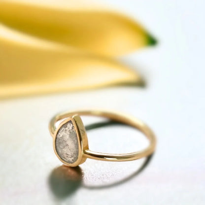 Natural Salt and Pepper Diamond Ring Pear Cut Solitaire featuring a 0.75 CT rose pear-cut salt-and-pepper diamond in a solitaire setting with a straight shank band and minimalist contemporary ring design.