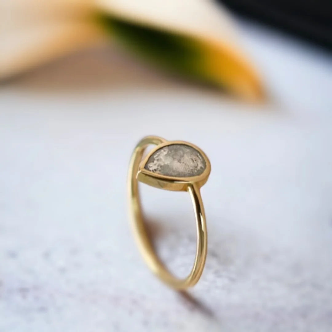 Natural Salt and Pepper Diamond Ring Pear Cut Solitaire featuring a 0.75 CT rose pear-cut salt-and-pepper diamond in a solitaire setting with a straight shank band and minimalist contemporary ring design.