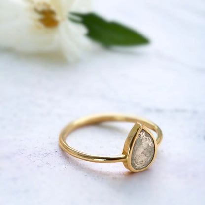 Natural Salt and Pepper Diamond Ring Pear Cut Solitaire featuring a 0.75 CT rose pear-cut salt-and-pepper diamond in a solitaire setting with a straight shank band and minimalist contemporary ring design.