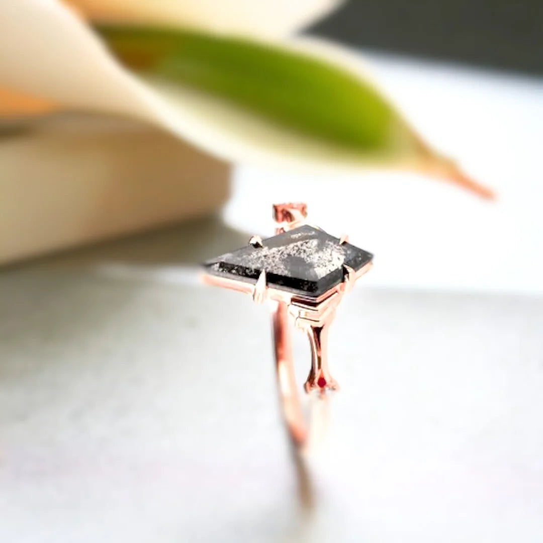 Natural Salt-and-Pepper Kite Diamond Ring with Art Deco Design featuring a kite-cut salt-and-pepper diamond center stone, geometric Art Deco-inspired design, round side diamonds, split-shank band, and handcrafted engagement ring styling.