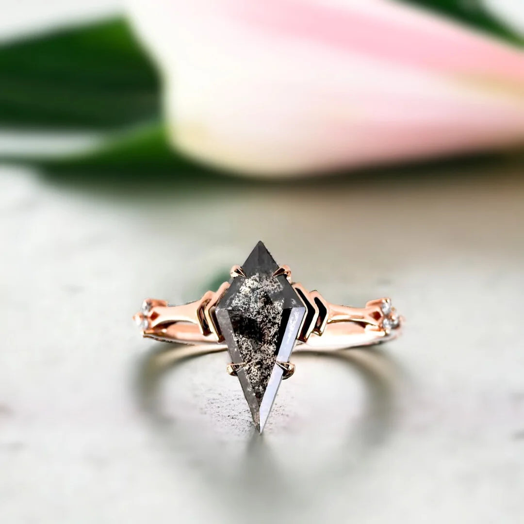Natural Salt-and-Pepper Kite Diamond Ring with Art Deco Design featuring a kite-cut salt-and-pepper diamond center stone, geometric Art Deco-inspired design, round side diamonds, split-shank band, and handcrafted engagement ring styling.