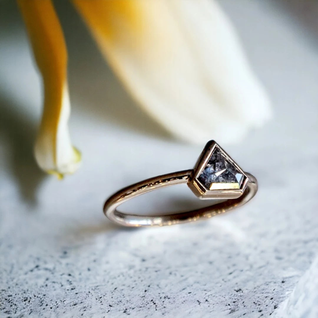Natural Salt and Pepper Shield Diamond Ring with Crescent Design featuring a shield-cut salt-and-pepper diamond in a minimalist geometric ring design with a straight shank band and refined contemporary style.