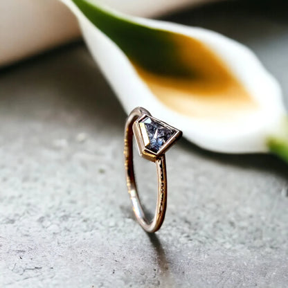Natural Salt and Pepper Shield Diamond Ring with Crescent Design featuring a shield-cut salt-and-pepper diamond in a minimalist geometric ring design with a straight shank band and refined contemporary style.
