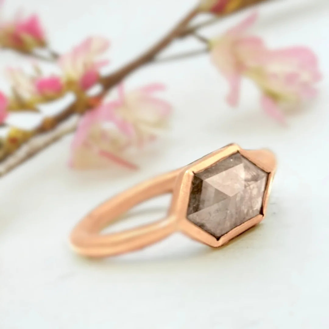 Natural Salt and Pepper Diamond Ring with Hexagon Cut Solitaire featuring a 2.04 CT hexagon-cut natural salt and pepper diamond in a center stone solitaire design with a geometric ring style and modern minimalist aesthetic.