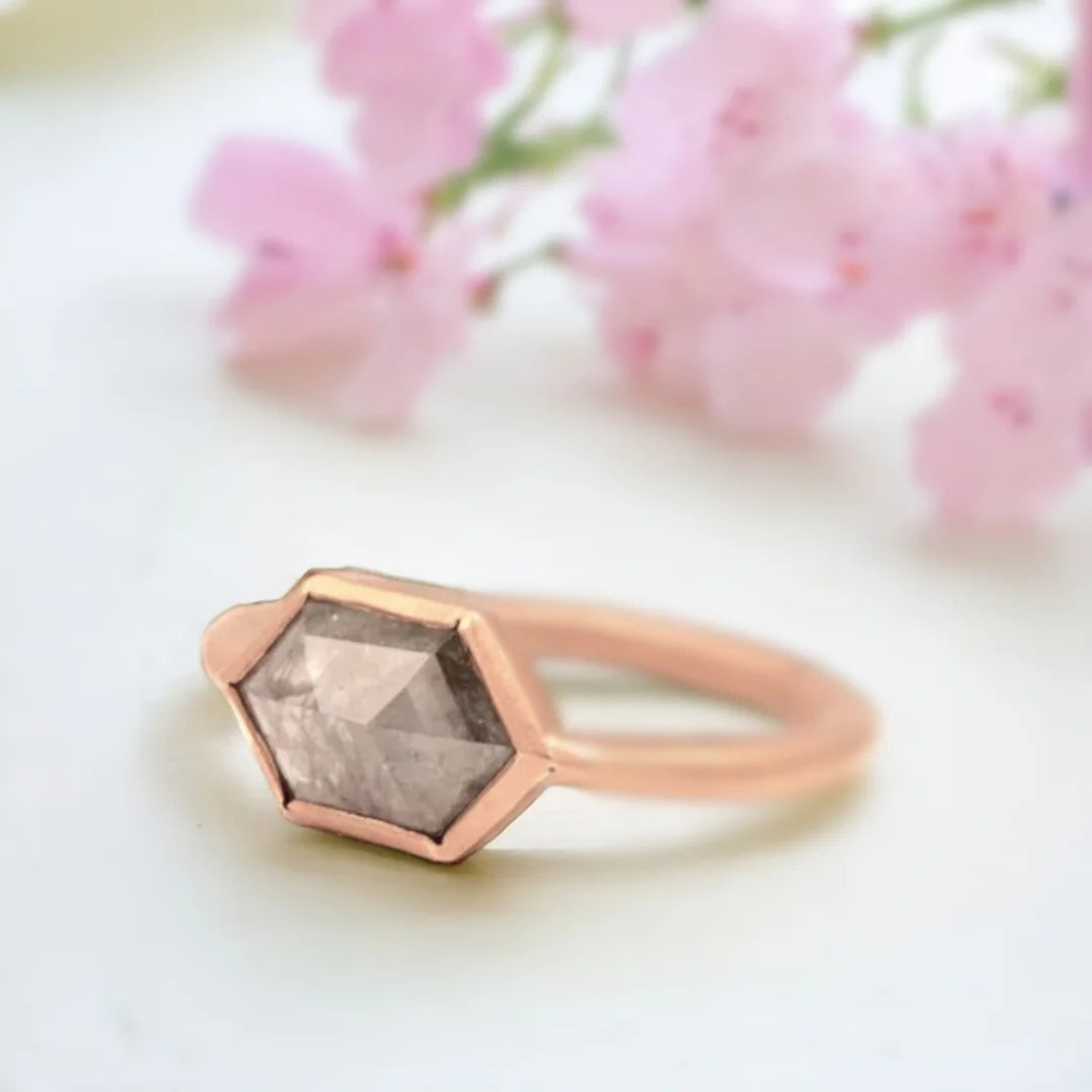 Natural Salt and Pepper Diamond Ring with Hexagon Cut Solitaire featuring a 2.04 CT hexagon-cut natural salt and pepper diamond in a center stone solitaire design with a geometric ring style and modern minimalist aesthetic.